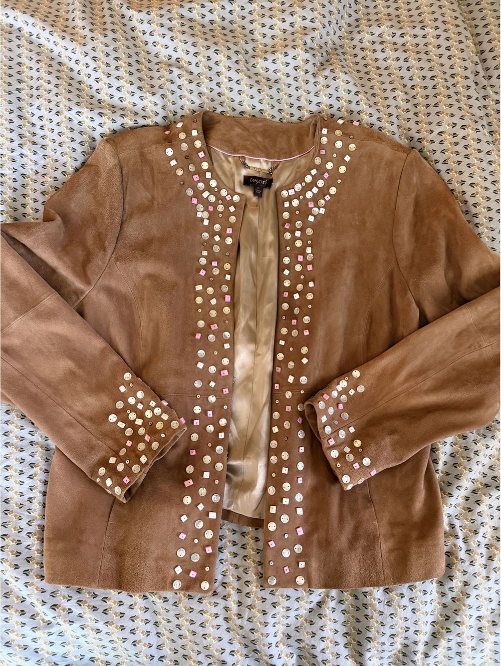 Tesori Embellished Suede Jacket in Tan, Size XL